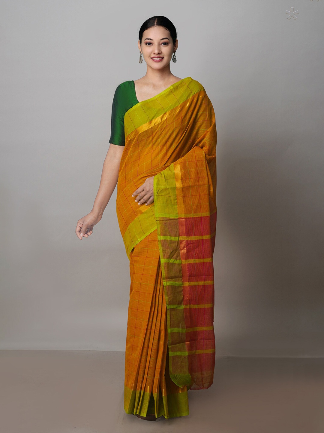 

Unnati Silks Checked Pure Cotton Handloom Mangalagiri Zari Saree, Mustard