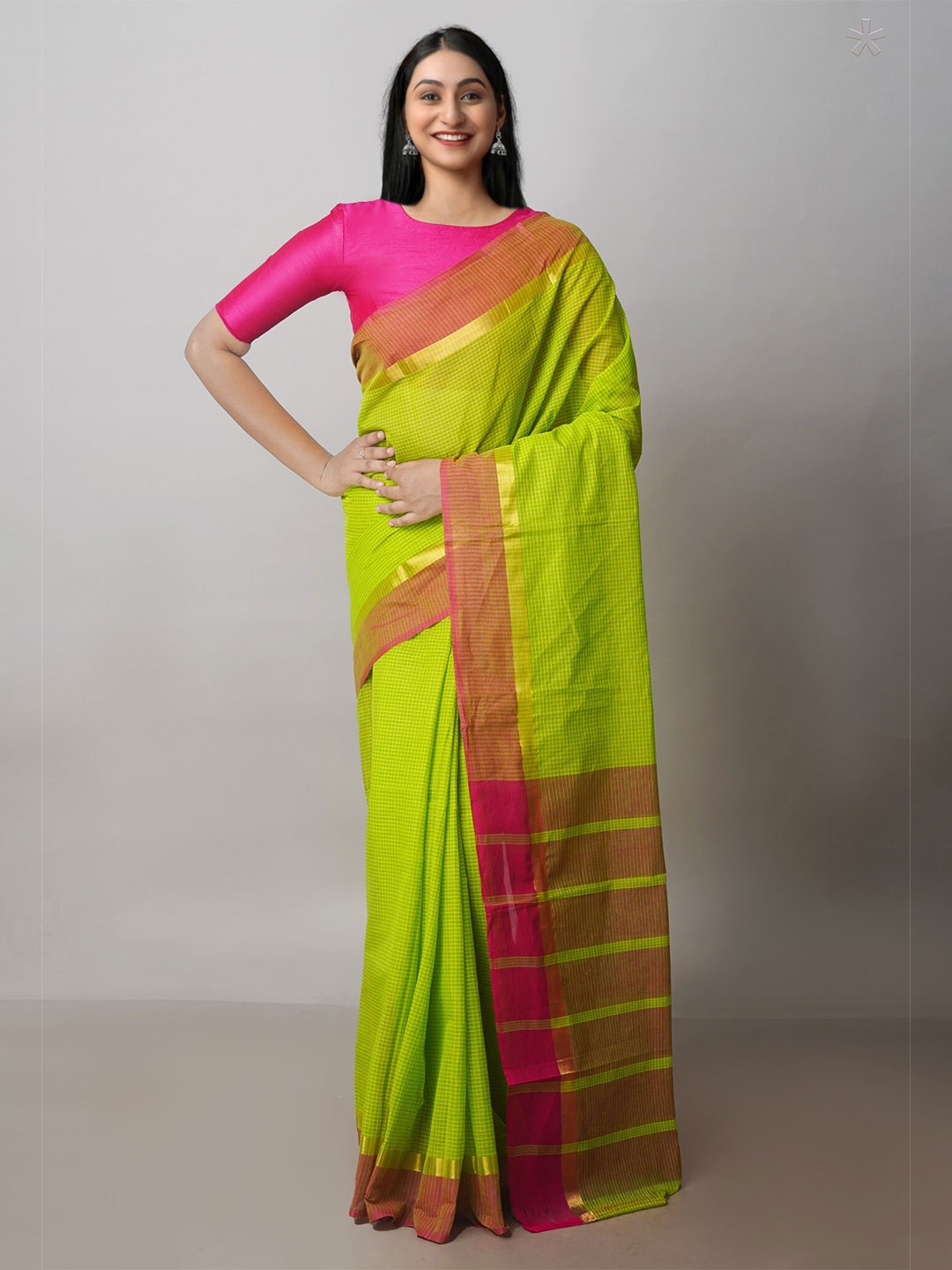 

Unnati Silks Checked Pure Cotton Handloom Mangalagiri Zari Saree, Green