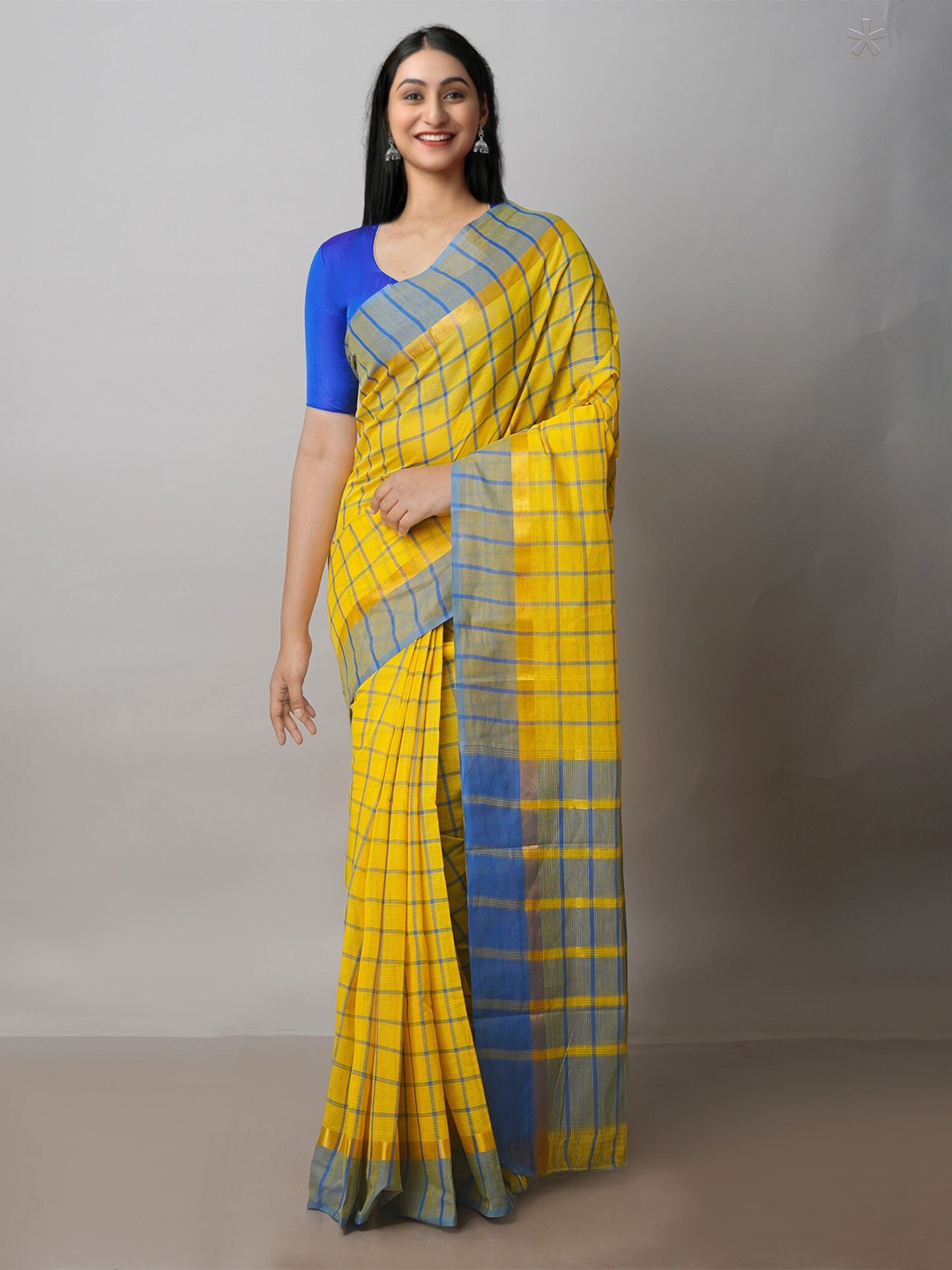 

Unnati Silks Checked Pure Cotton Handloom Mangalagiri Zari Saree, Yellow