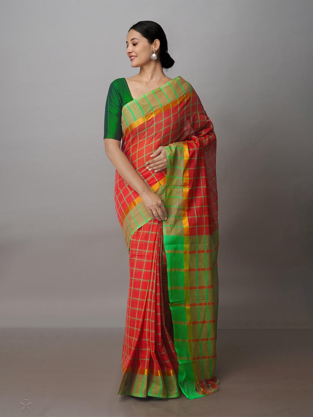 

Unnati Silks Checked Pure Cotton Handloom Mangalagiri Zari Saree, Orange