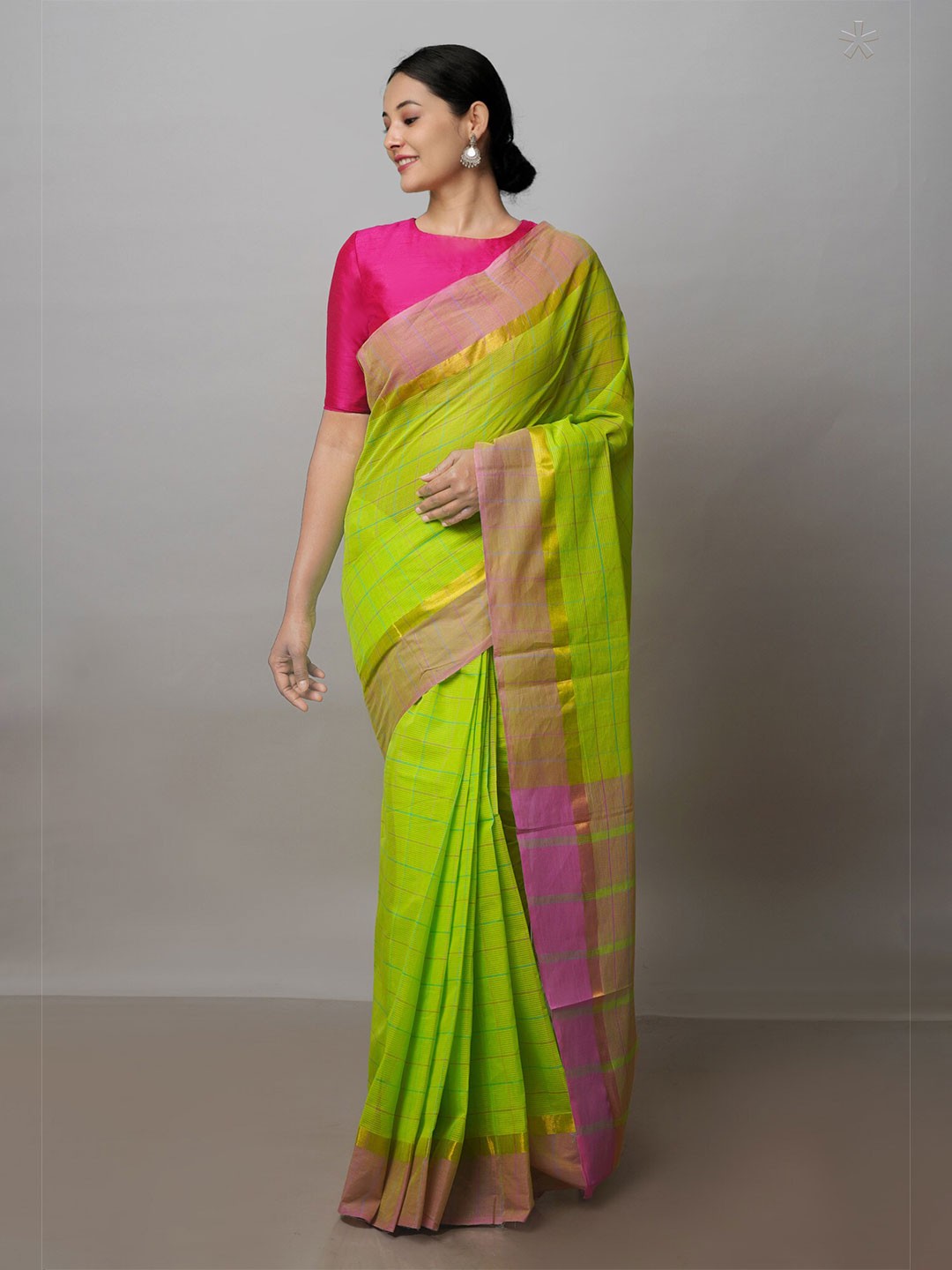 

Unnati Silks Checked Pure Cotton Handloom Mangalagiri Zari Saree, Green