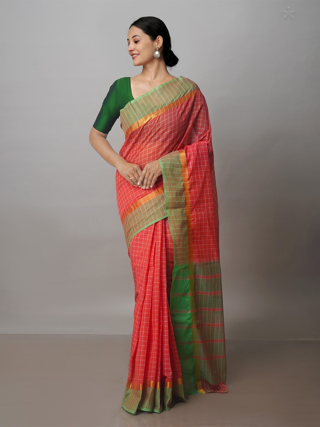 

Unnati Silks Checked Pure Cotton Handloom Mangalagiri Zari Saree, Orange