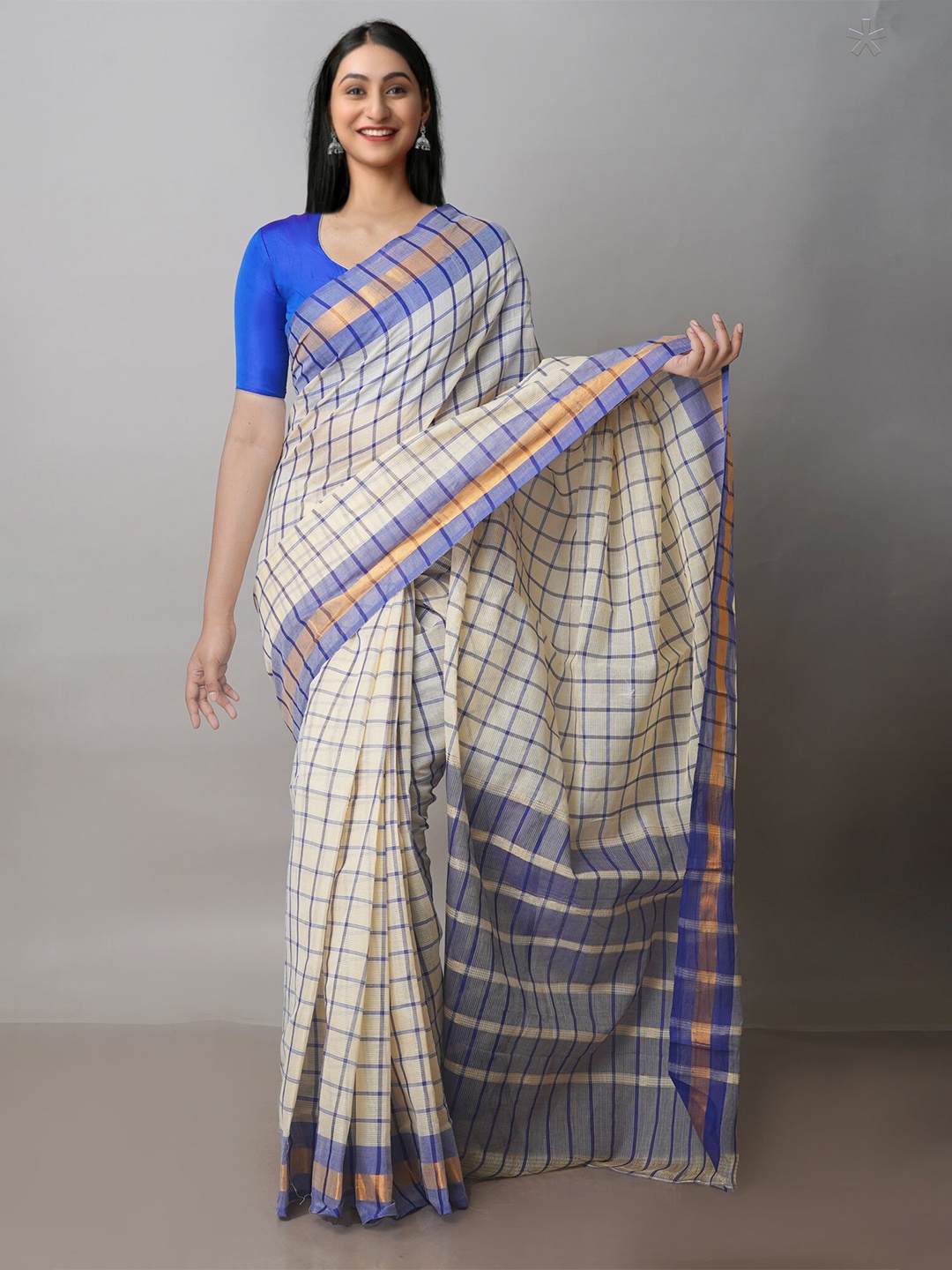 

Unnati Silks Checked Pure Cotton Handloom Mangalagiri Zari Saree, Cream