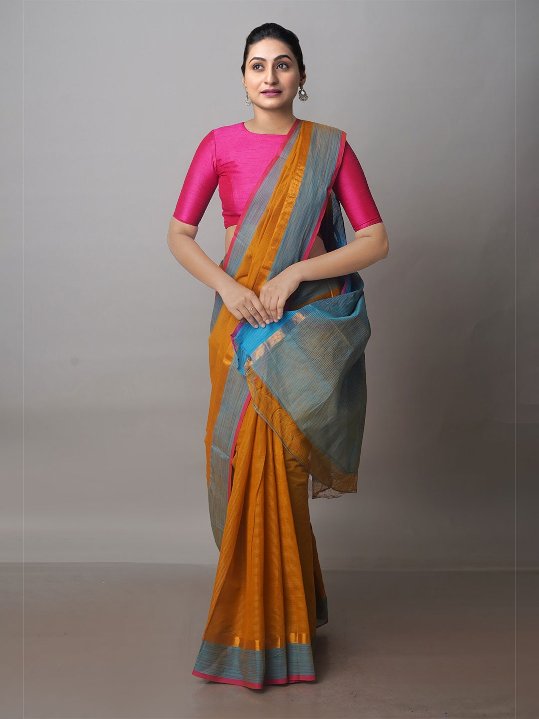 

Unnati Silks Pure Cotton Handloom Mangalagiri Zari Saree, Yellow