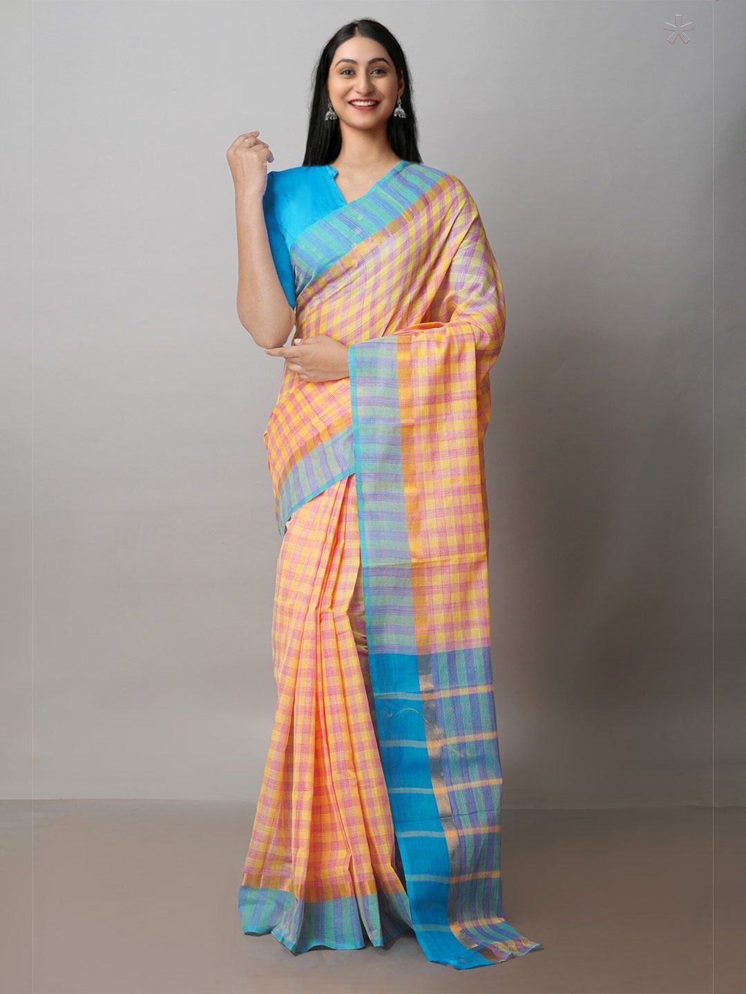 

Unnati Silks Checked Pure Cotton Handloom Mangalagiri Zari Saree, Orange