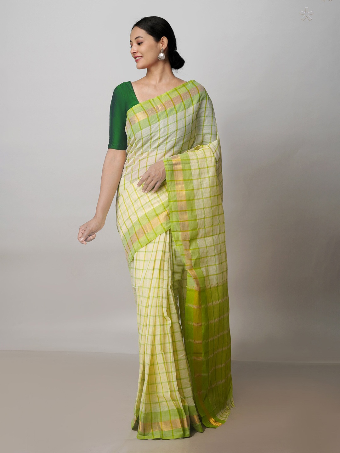 

Unnati Silks Checked Pure Cotton Handloom Mangalagiri Zari Saree, Cream