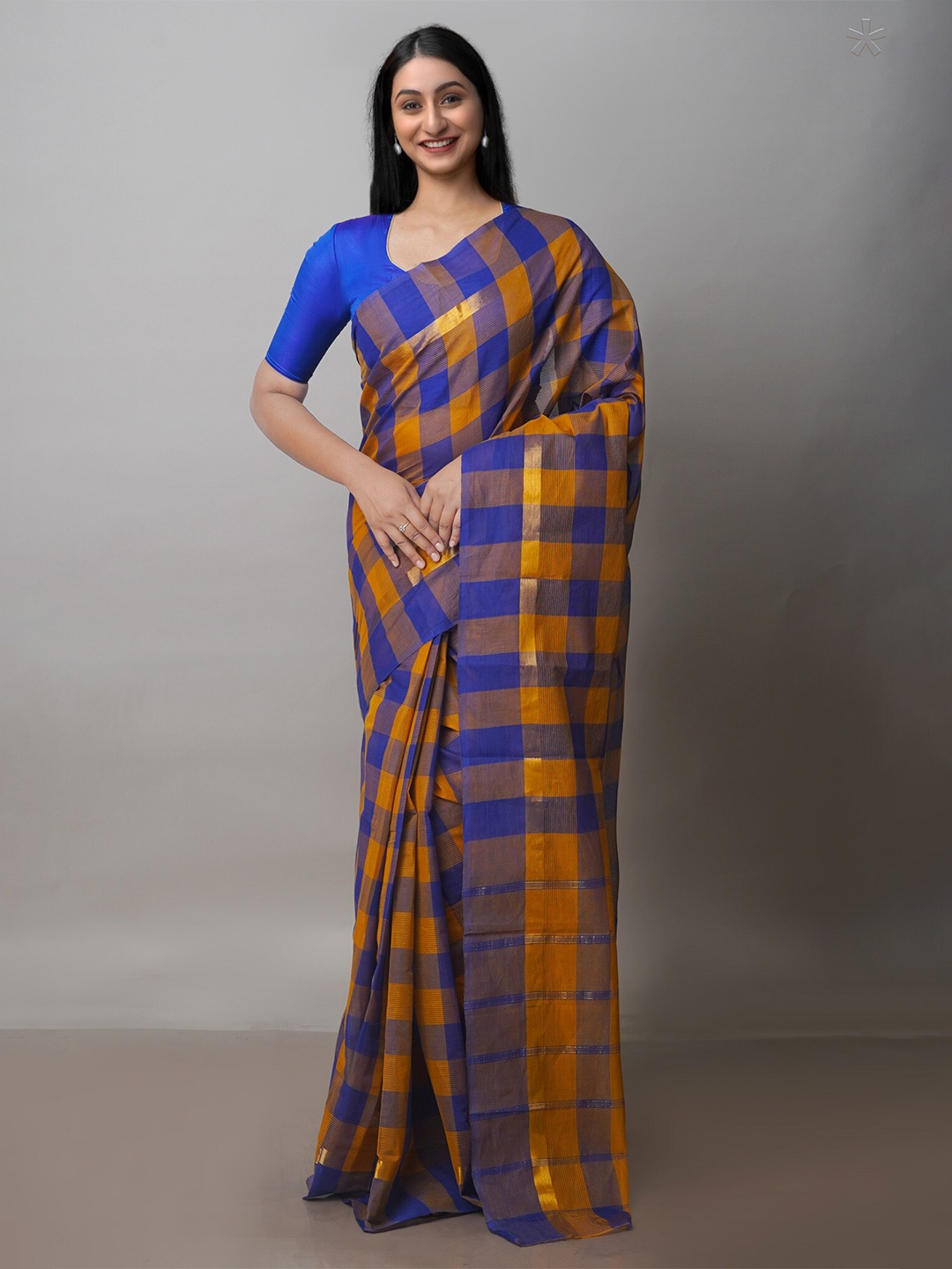 

Unnati Silks Checked Pure Cotton Handloom Mangalagiri Zari Saree, Blue