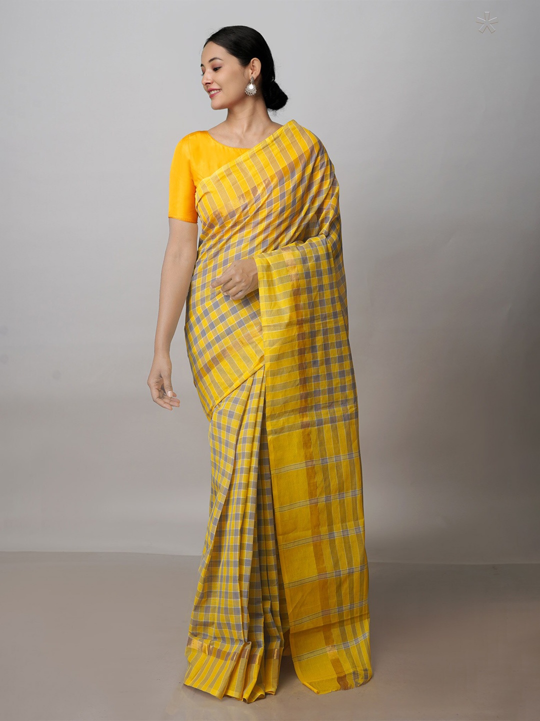 

Unnati Silks Checked Pure Cotton Handloom Mangalagiri Zari Saree, Yellow