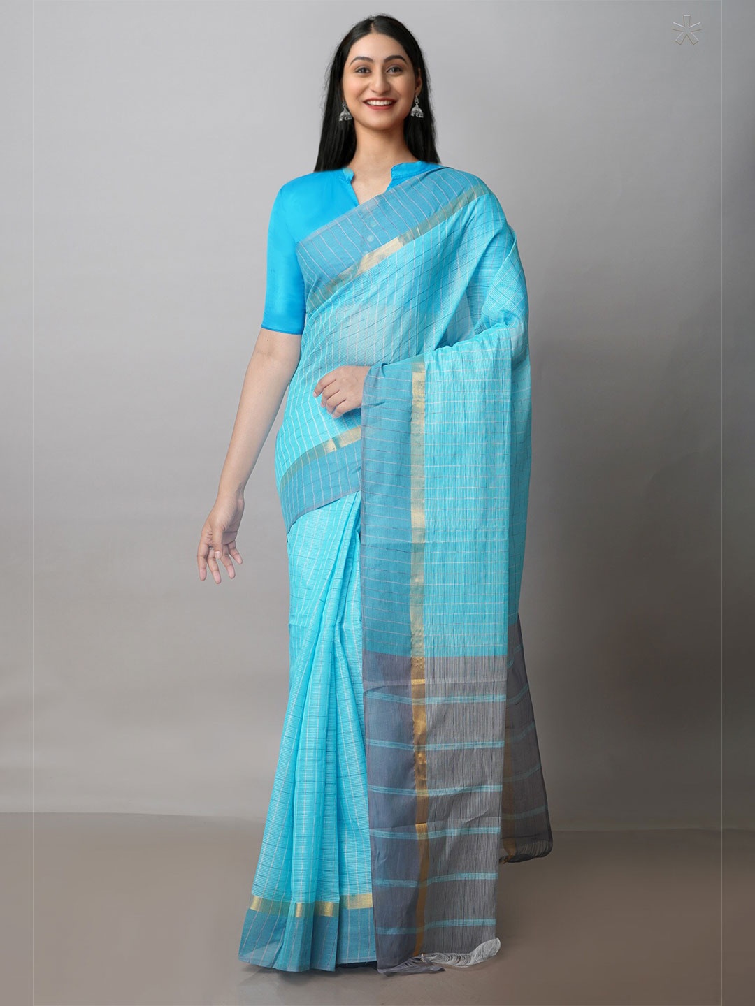 

Unnati Silks Checked Pure Cotton Handloom Mangalagiri Zari Saree, Blue