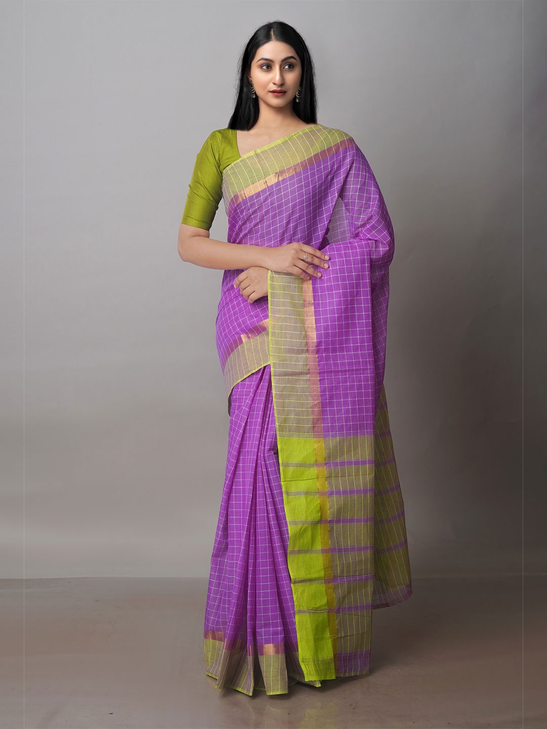 

Unnati Silks Checked Pure Cotton Handloom Mangalagiri Zari Saree, Violet