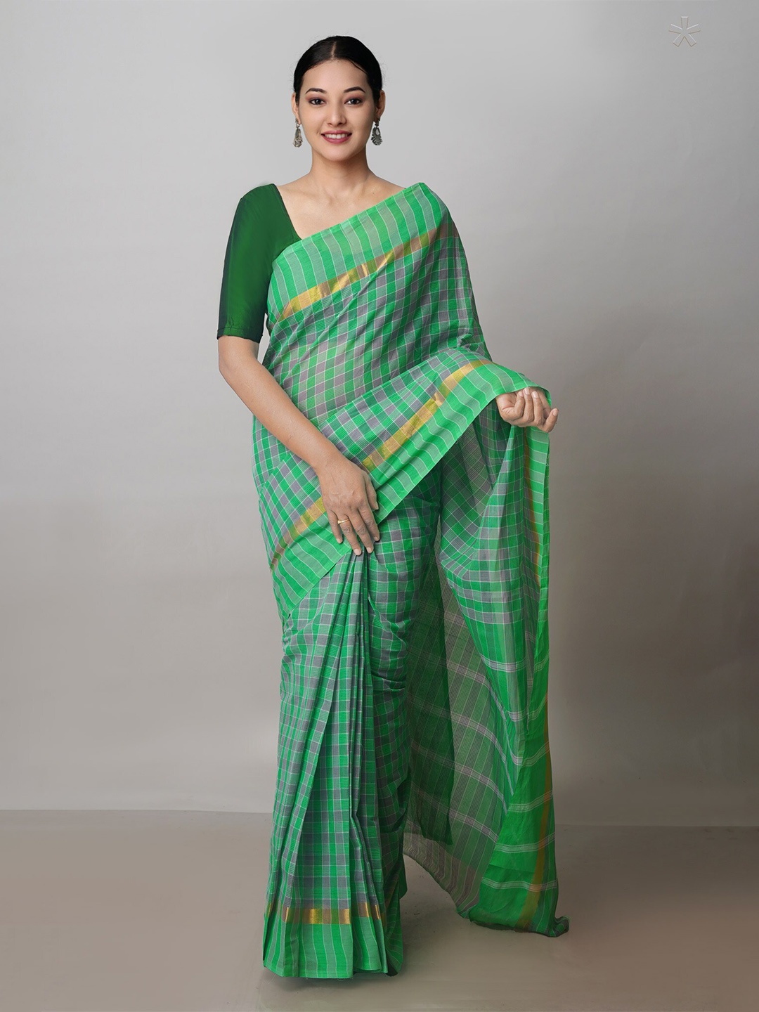 

Unnati Silks Checked Pure Cotton Handloom Mangalagiri Zari Saree, Green