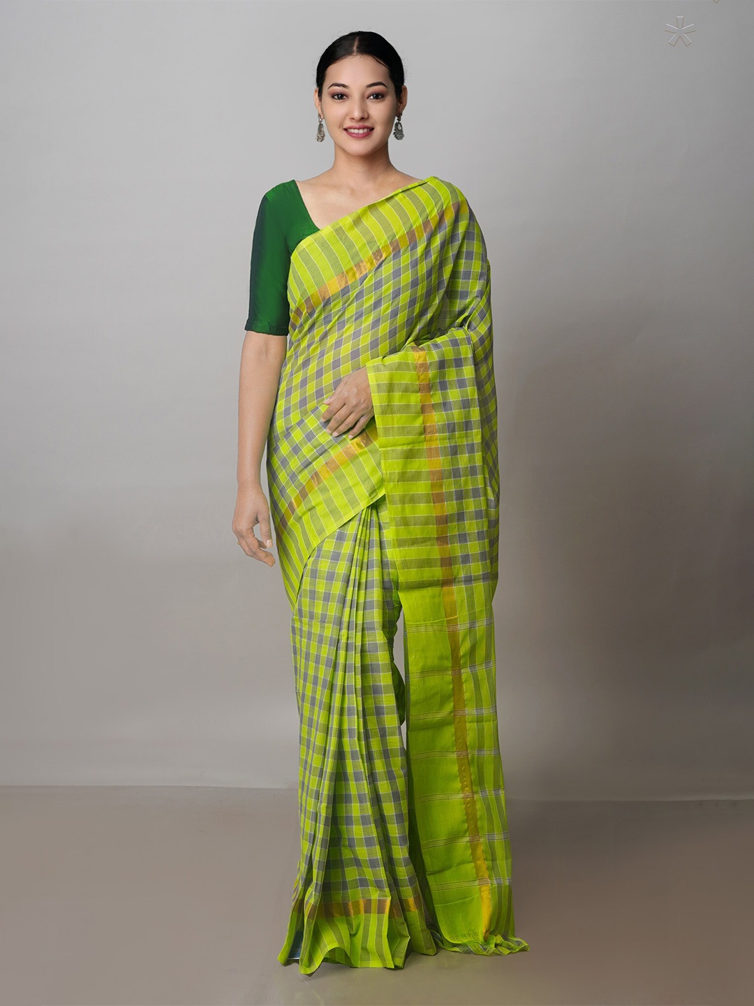 

Unnati Silks Checked Pure Cotton Handloom Mangalagiri Zari Saree, Green
