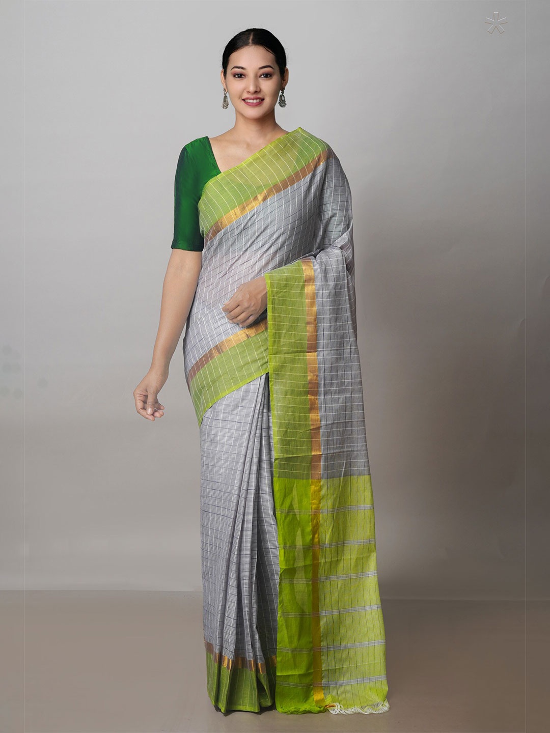 

Unnati Silks Checked Pure Cotton Handloom Mangalagiri Zari Saree, Grey