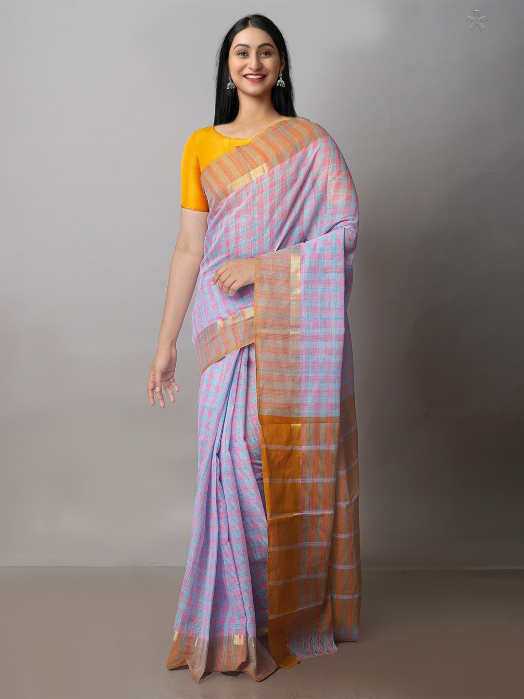 

Unnati Silks Checked Pure Cotton Handloom Mangalagiri Zari Saree, Violet