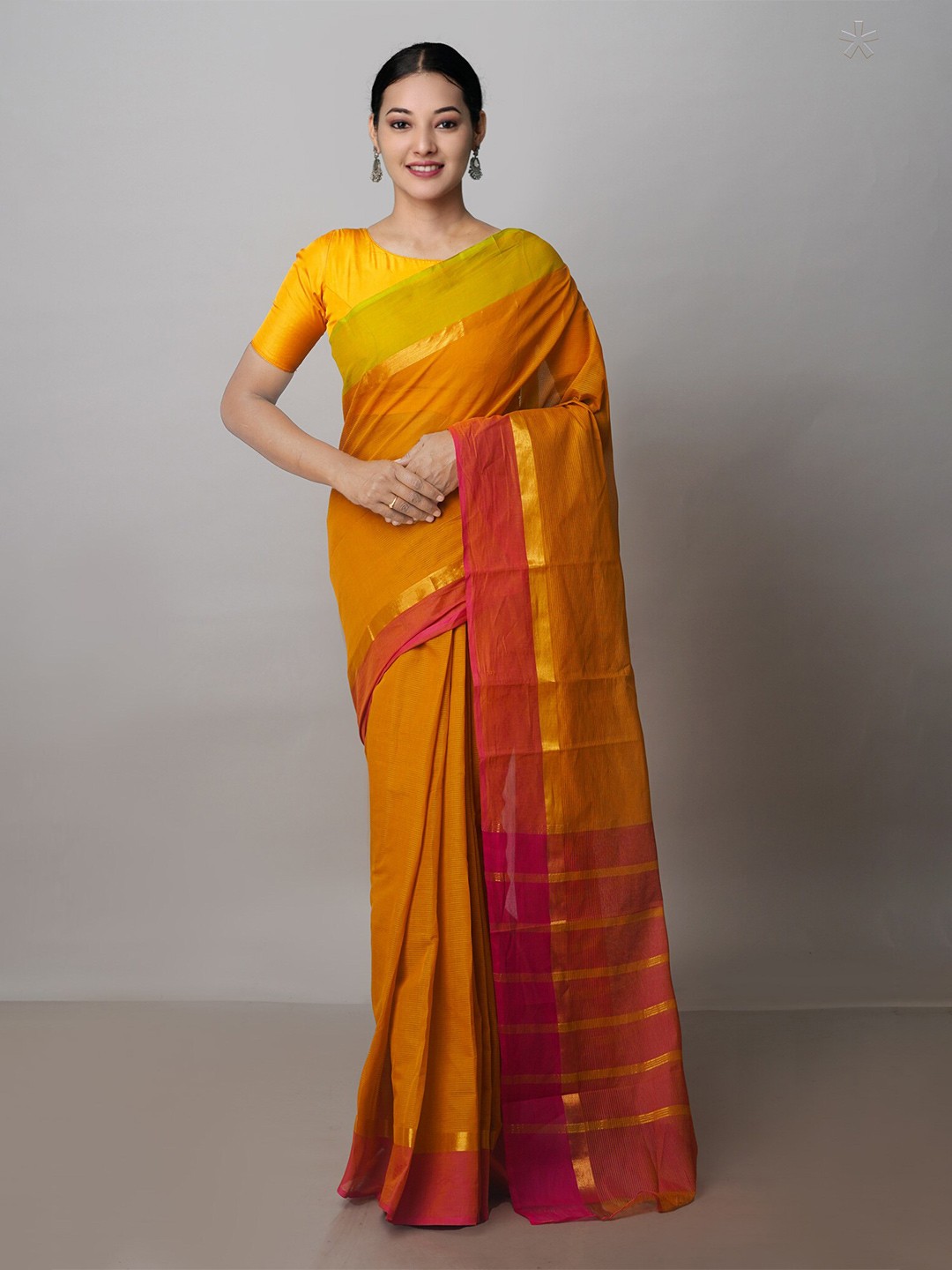 

Unnati Silks Pure Cotton Handloom Mangalagiri Zari Saree, Yellow