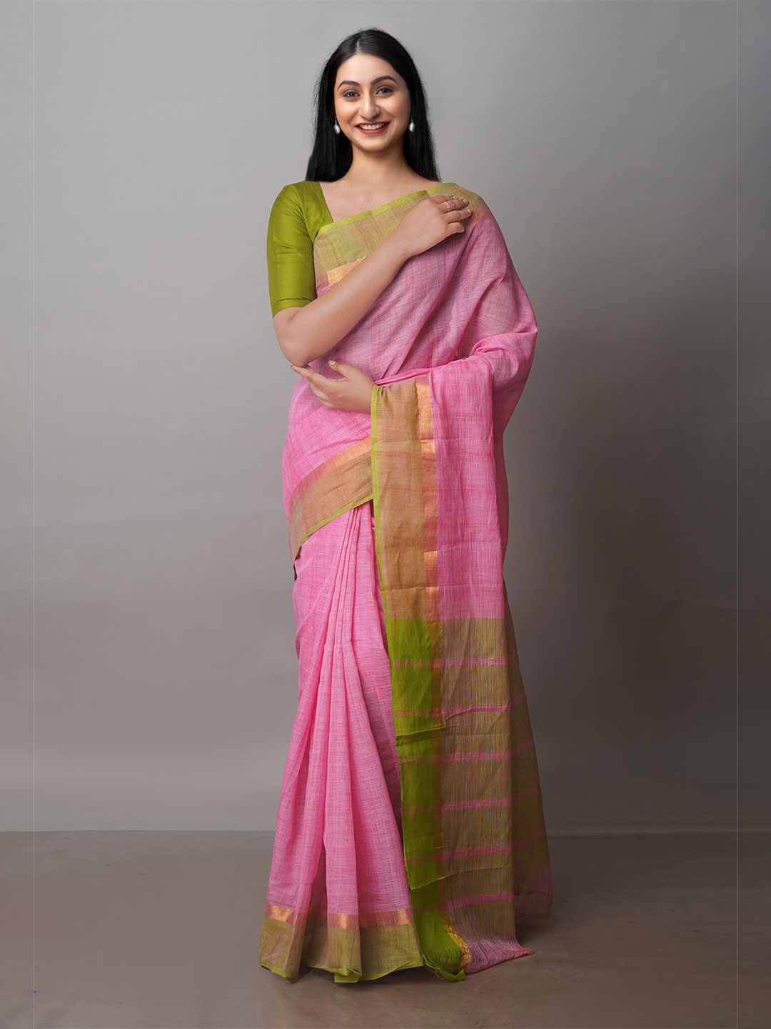 

Unnati Silks Pure Cotton Handloom Mangalagiri Zari Saree, Pink