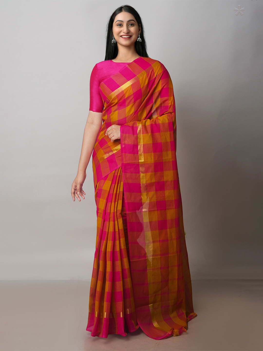 

Unnati Silks Checked Pure Cotton Handloom Mangalagiri Zari Saree, Pink