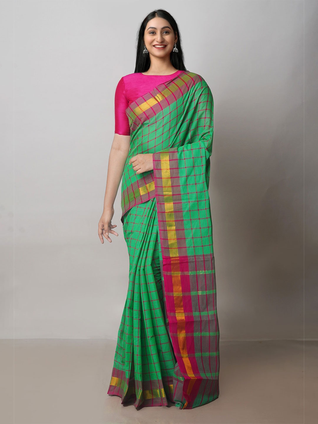 

Unnati Silks Checked Zari Pure Cotton Mangalagiri Saree, Green