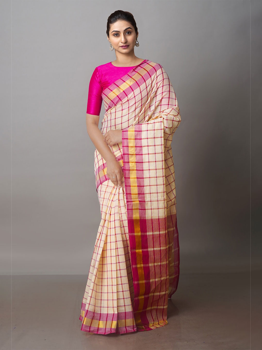 

Unnati Silks Checked Zari Pure Cotton Mangalagiri Saree, Cream