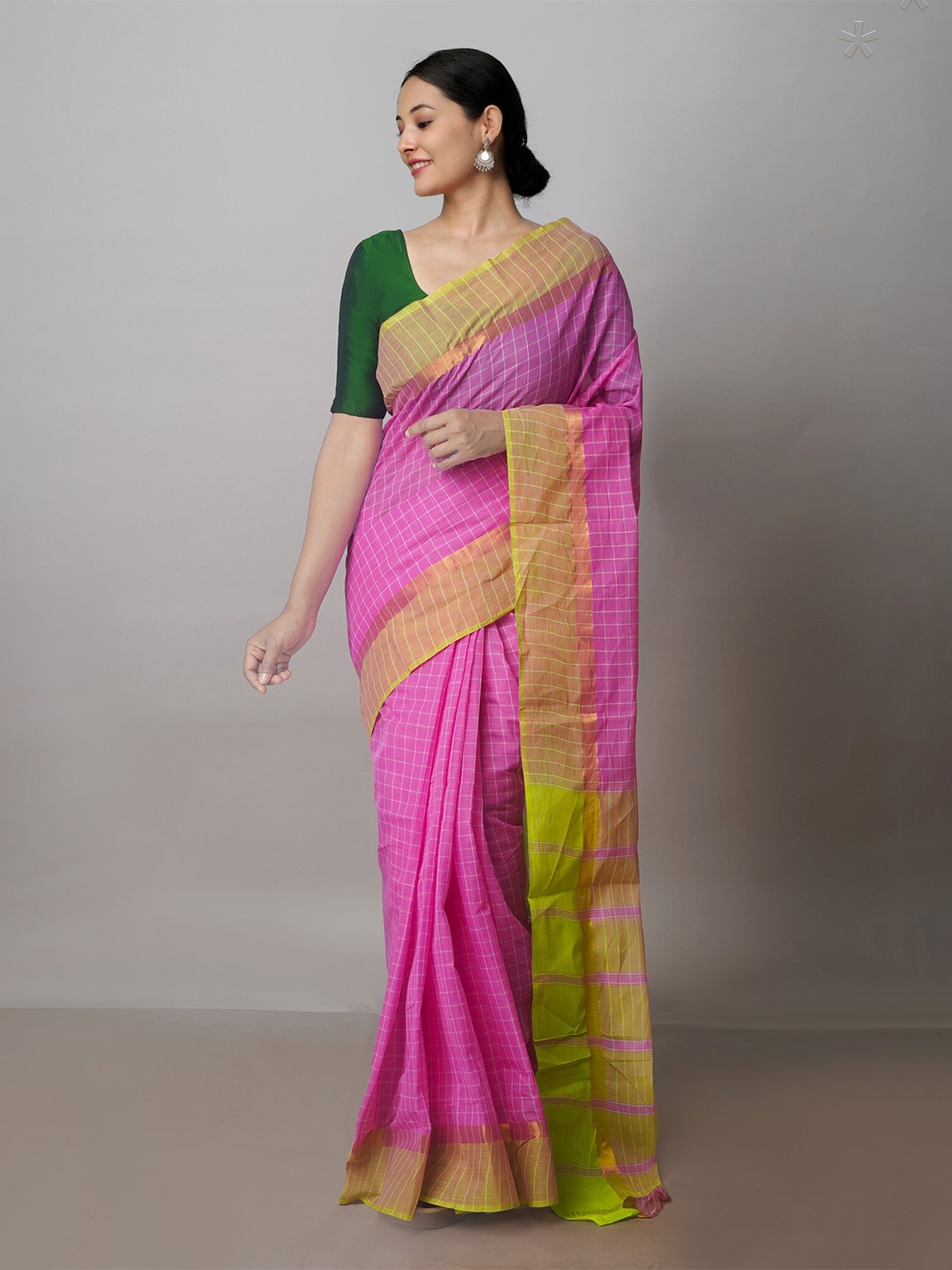 

Unnati Silks Checked Zari Pure Cotton Mangalagiri Saree, Pink