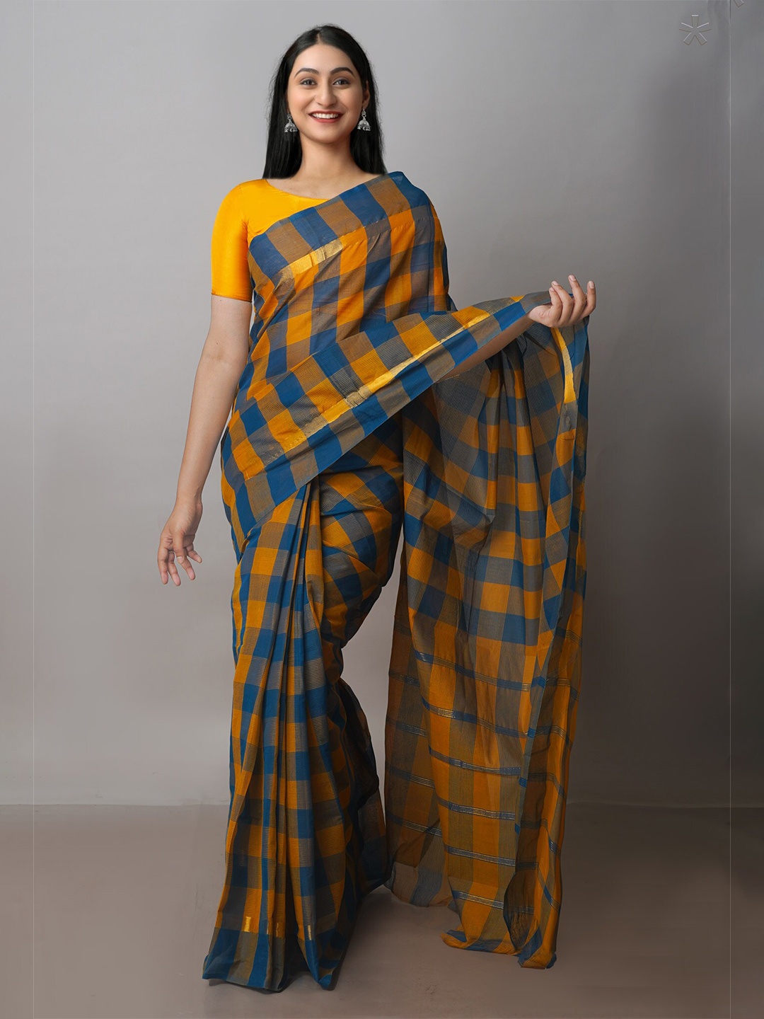 

Unnati Silks Checked Zari Pure Cotton Mangalagiri Saree, Blue