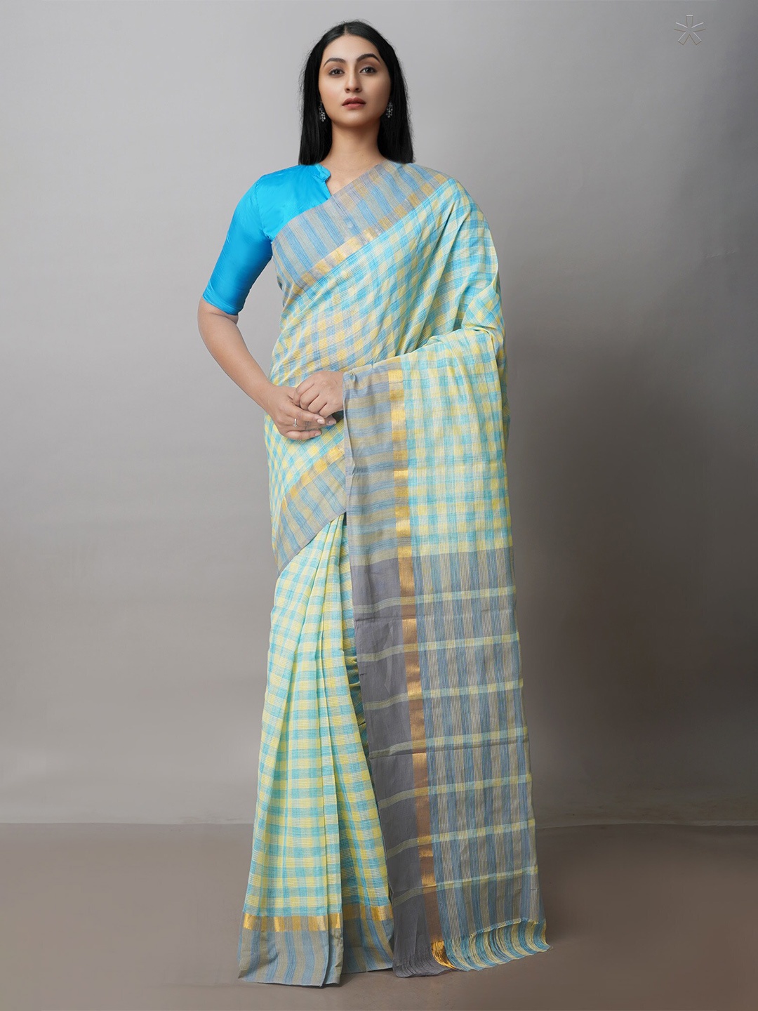 

Unnati Silks Checked Zari Pure Cotton Mangalagiri Saree, Blue