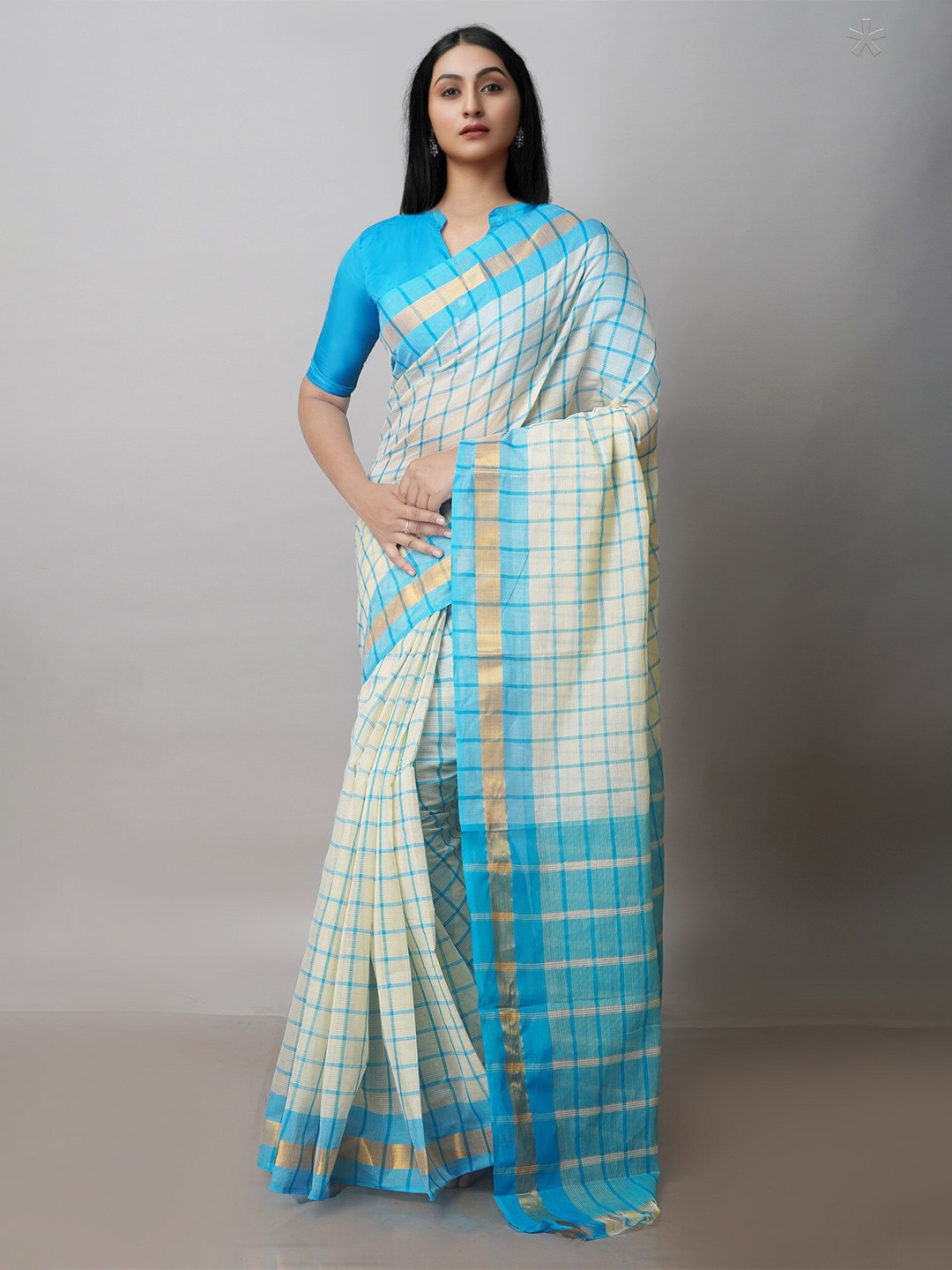 

Unnati Silks Checked Zari Pure Cotton Mangalagiri Saree, Cream