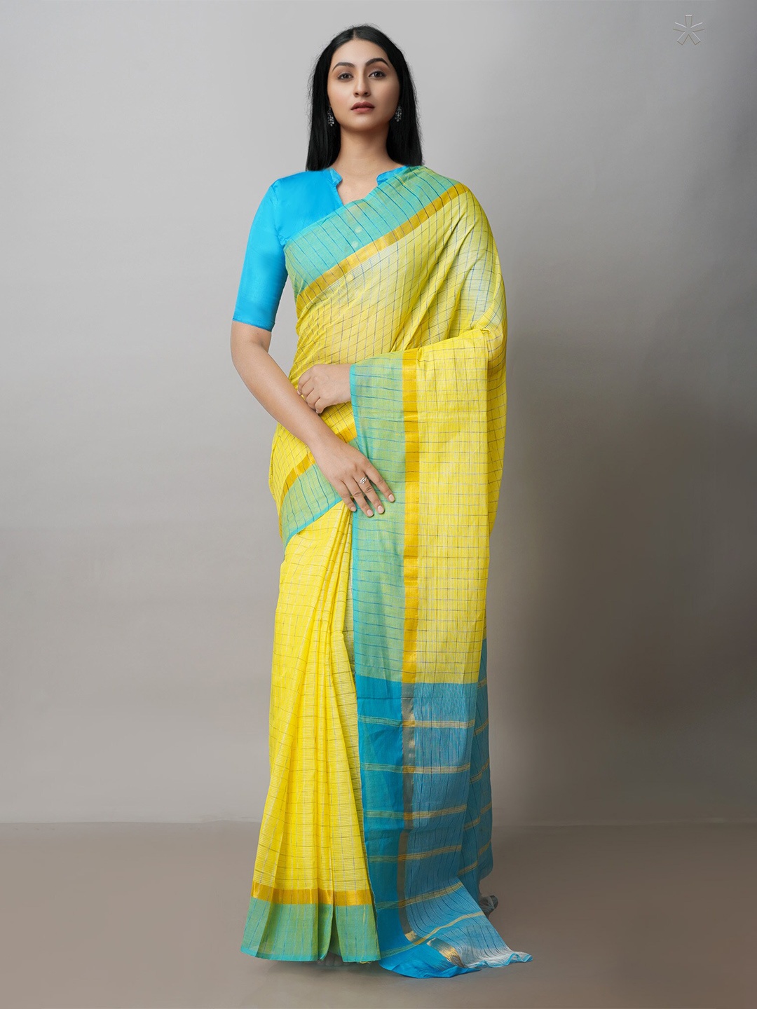 

Unnati Silks Checked Zari Pure Cotton Mangalagiri Saree, Yellow