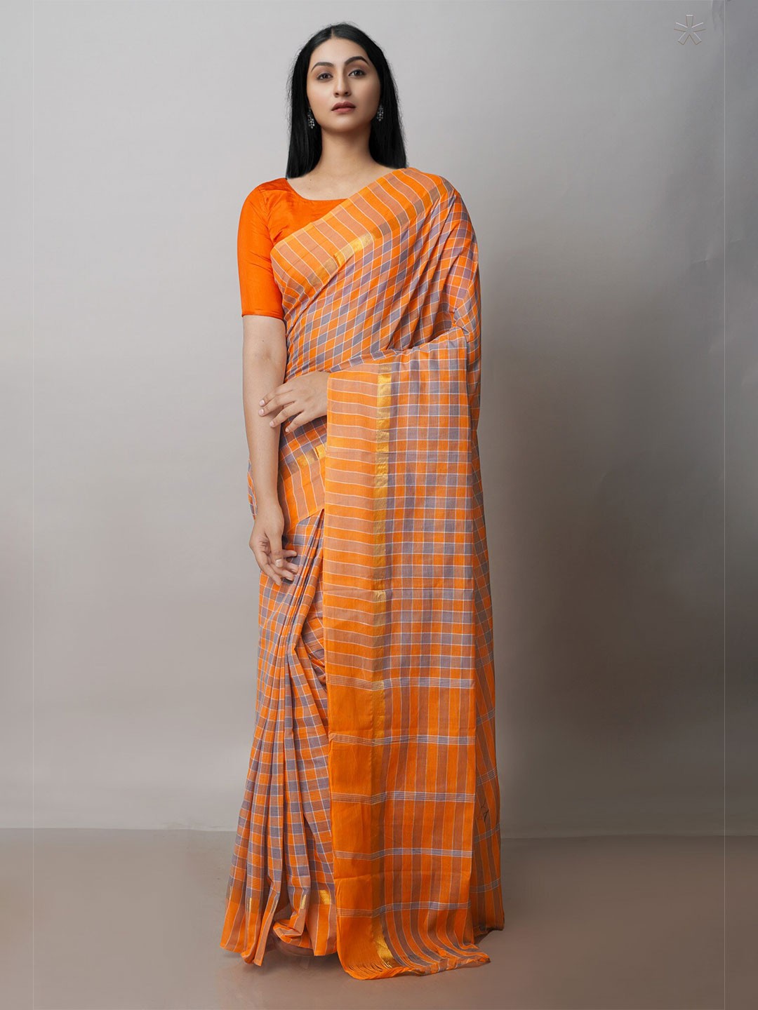 

Unnati Silks Checked Zari Pure Cotton Mangalagiri Saree, Orange