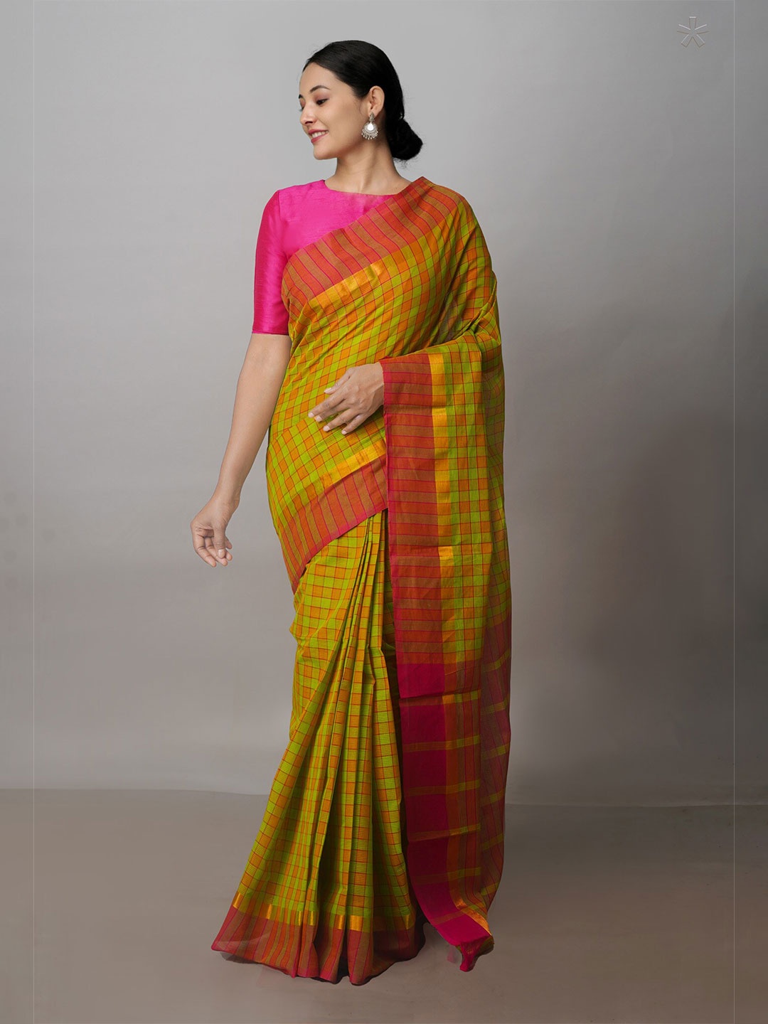 

Unnati Silks Checked Zari Pure Cotton Mangalagiri Saree, Green