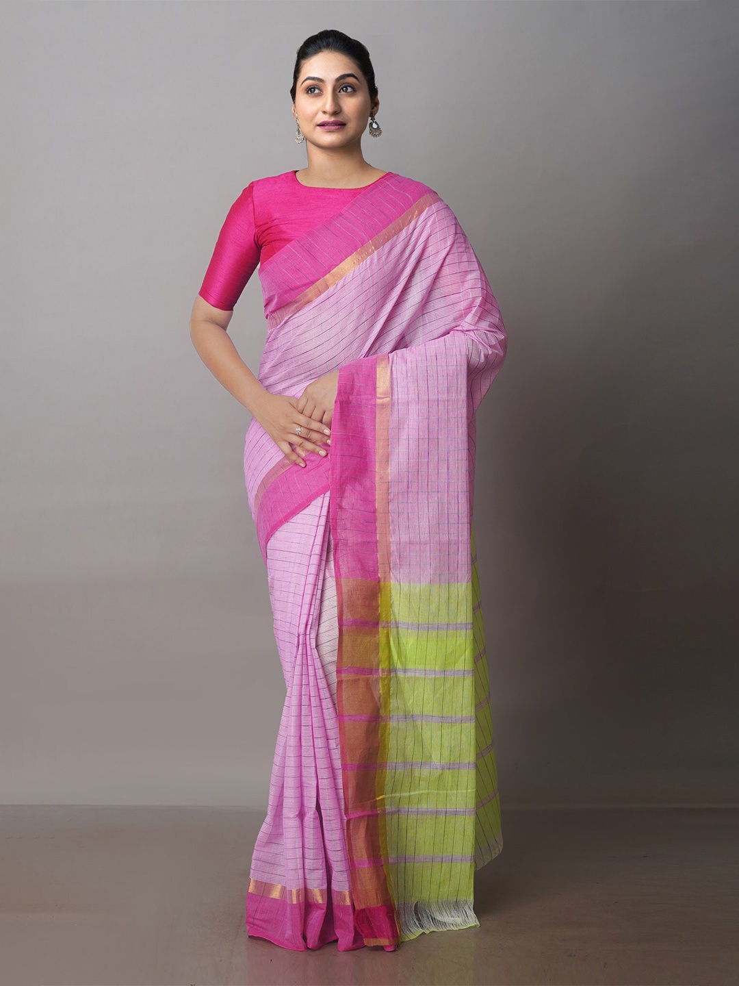

Unnati Silks Checked Zari Pure Cotton Mangalagiri Saree, Pink