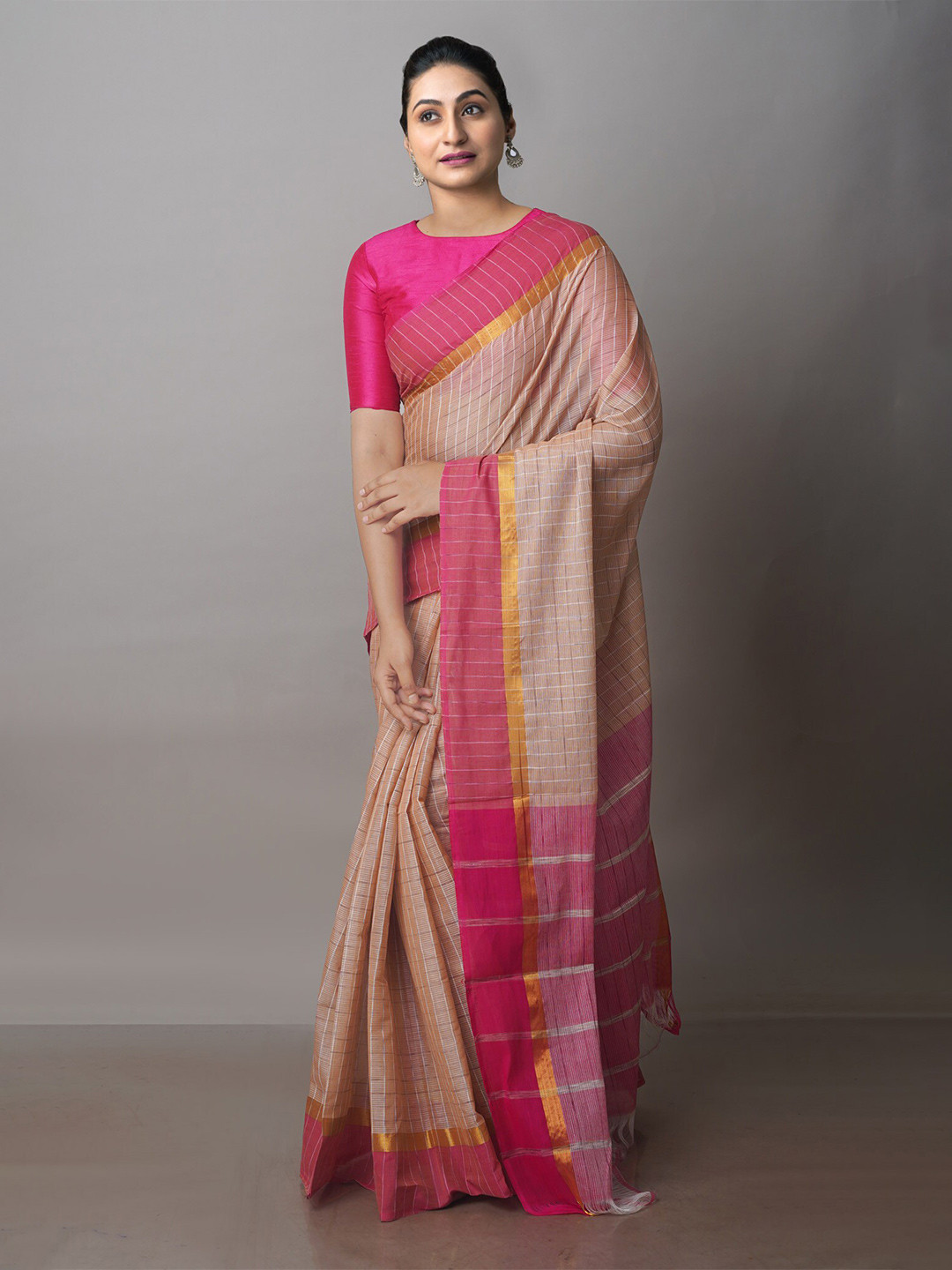 

Unnati Silks Checked Zari Pure Cotton Mangalagiri Saree, Cream
