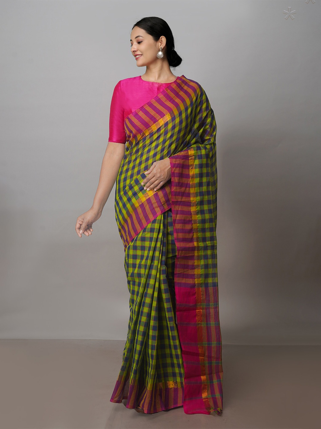 

Unnati Silks Checked Zari Pure Cotton Mangalagiri Saree, Green