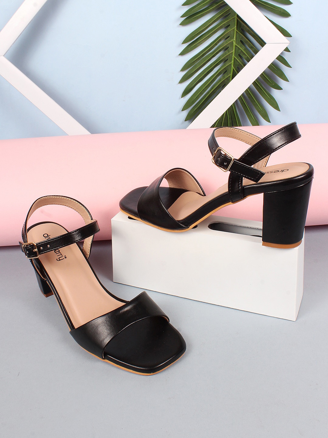 

DressBerry Textured Open Toe Block Heels, Black
