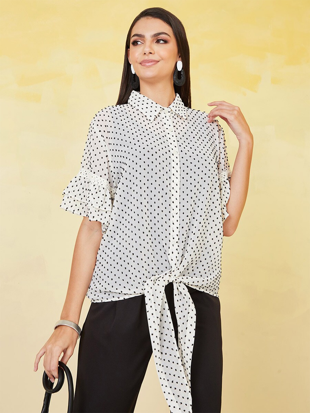 

Styli White Polka Dot Printed Bell Sleeves Shirt Style Top