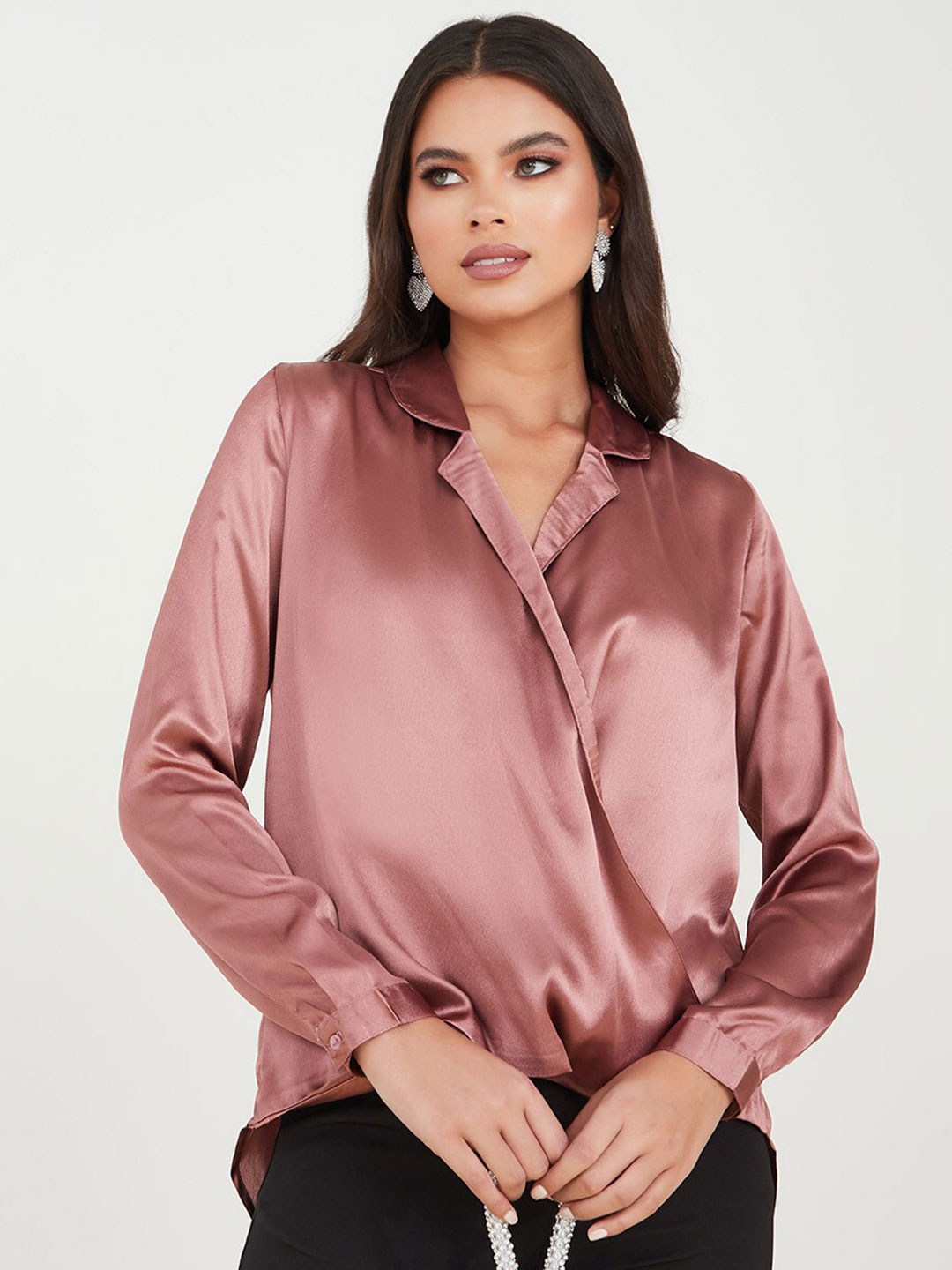 

Styli Brown Lapel Collar Shirt Style Top