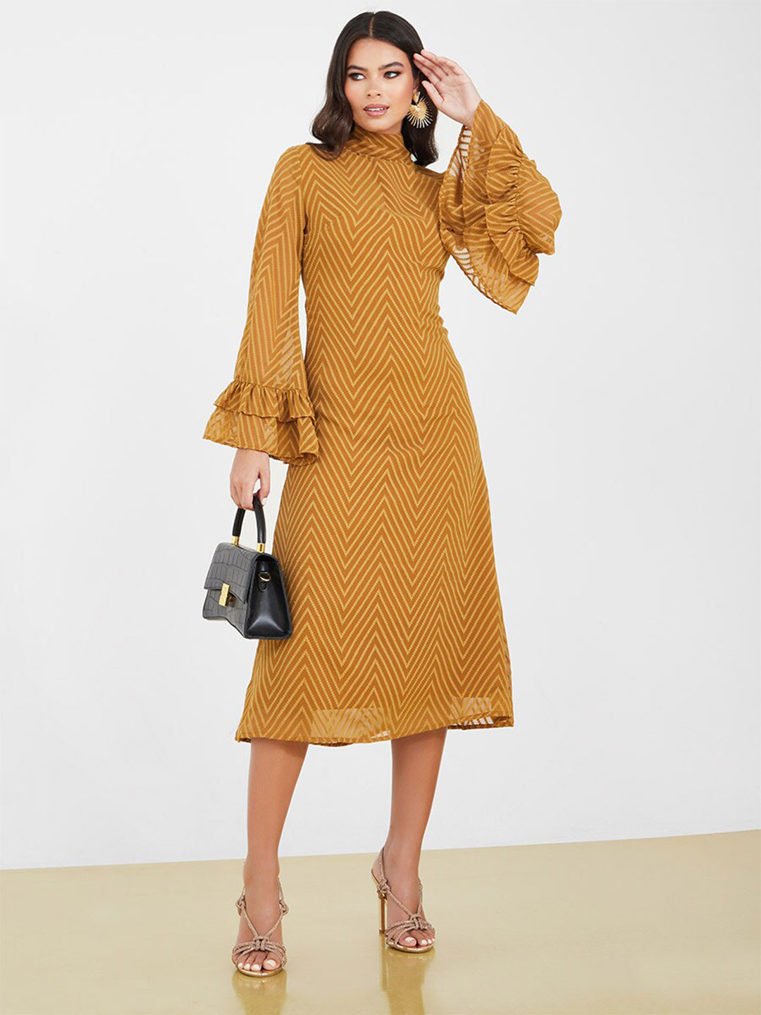

Styli Chevron Printed Bell Sleeves A-Line Midi Dress, Beige