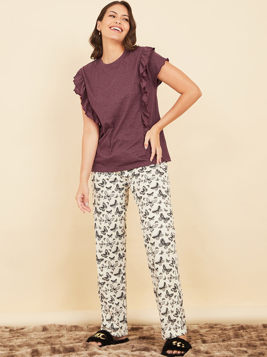 

Styli Purple & Cream-Coloured Printed Ruffle Detail Night suit