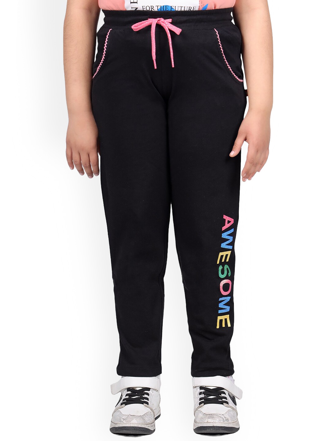 

3PIN Girls Typography Printed Cotton Track Pants, Black