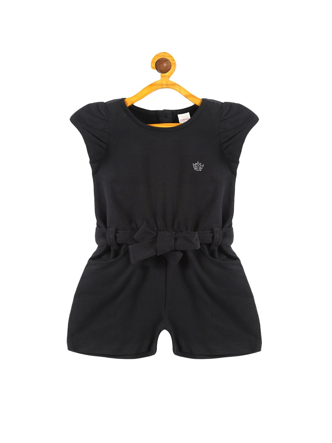 

PLUM TREE Girls Waist Tie-Ups Pure Cotton Playsuit, Black