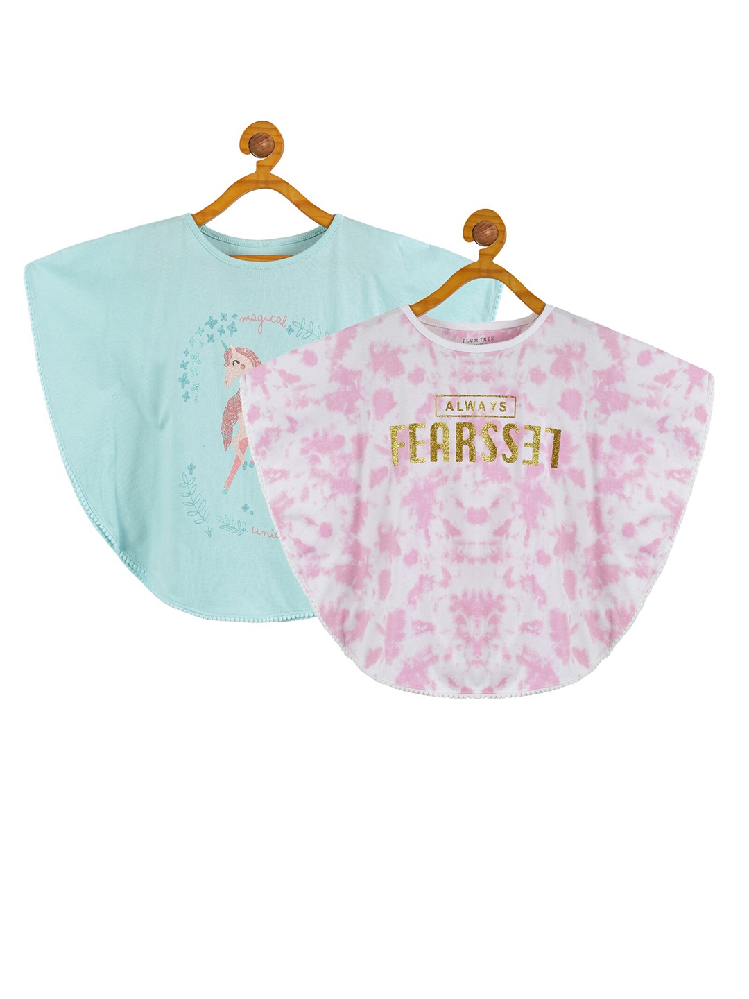 

PLUM TREE Girls Pack Of 2 Graphic Printed Pure Cotton Top, Pink