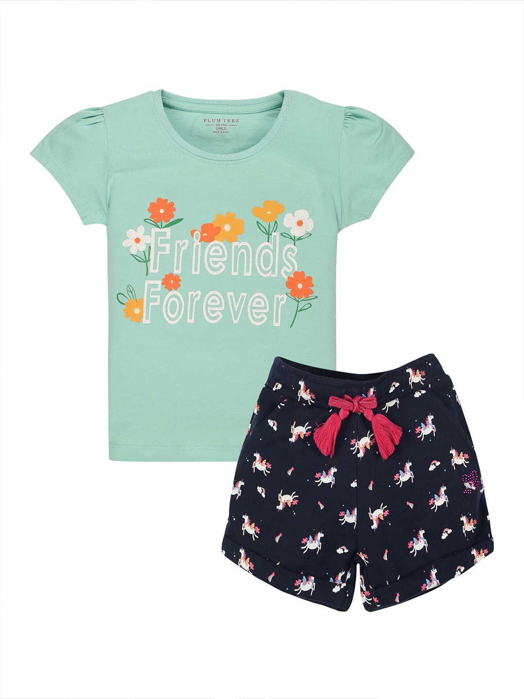 

PLUM TREE Girls Printed Pure Cotton T-shirt with Shorts, Turquoise blue