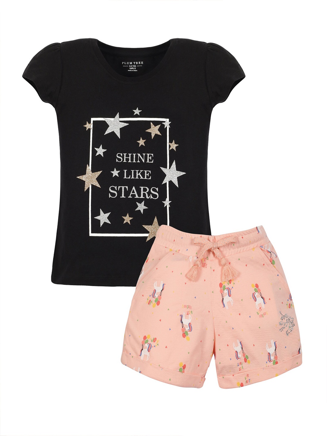 

PLUM TREE Girls Printed Pure Cotton T-shirt with Shorts, Black