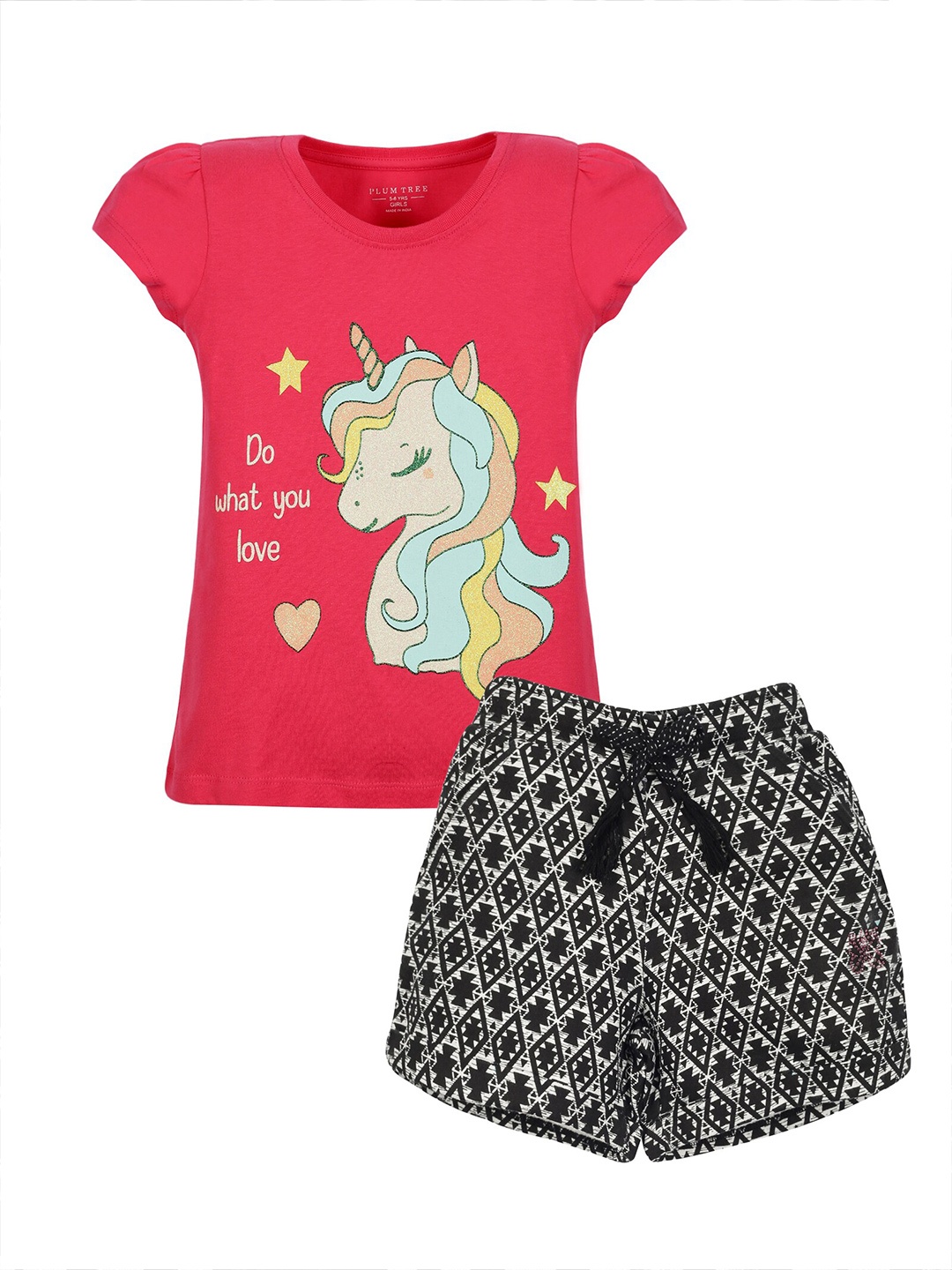 

PLUM TREE Girls Printed Pure Cotton T-shirt with Shorts, Pink