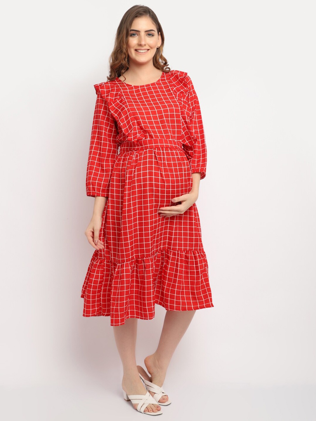 

Moms Maternity Checked Puff Sleeve Crepe Maternity Fit & Flare Midi Dress, Red