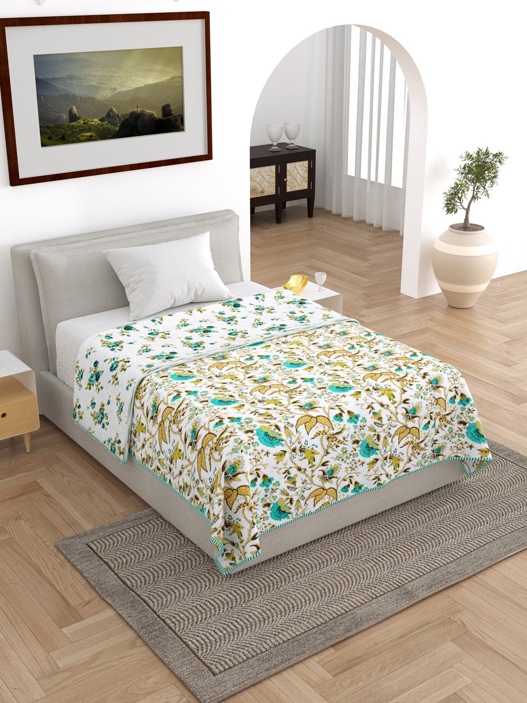 

RAASO White & Blue Floral Reversible AC Room 150 GSM Cotton Single Bed Dohar