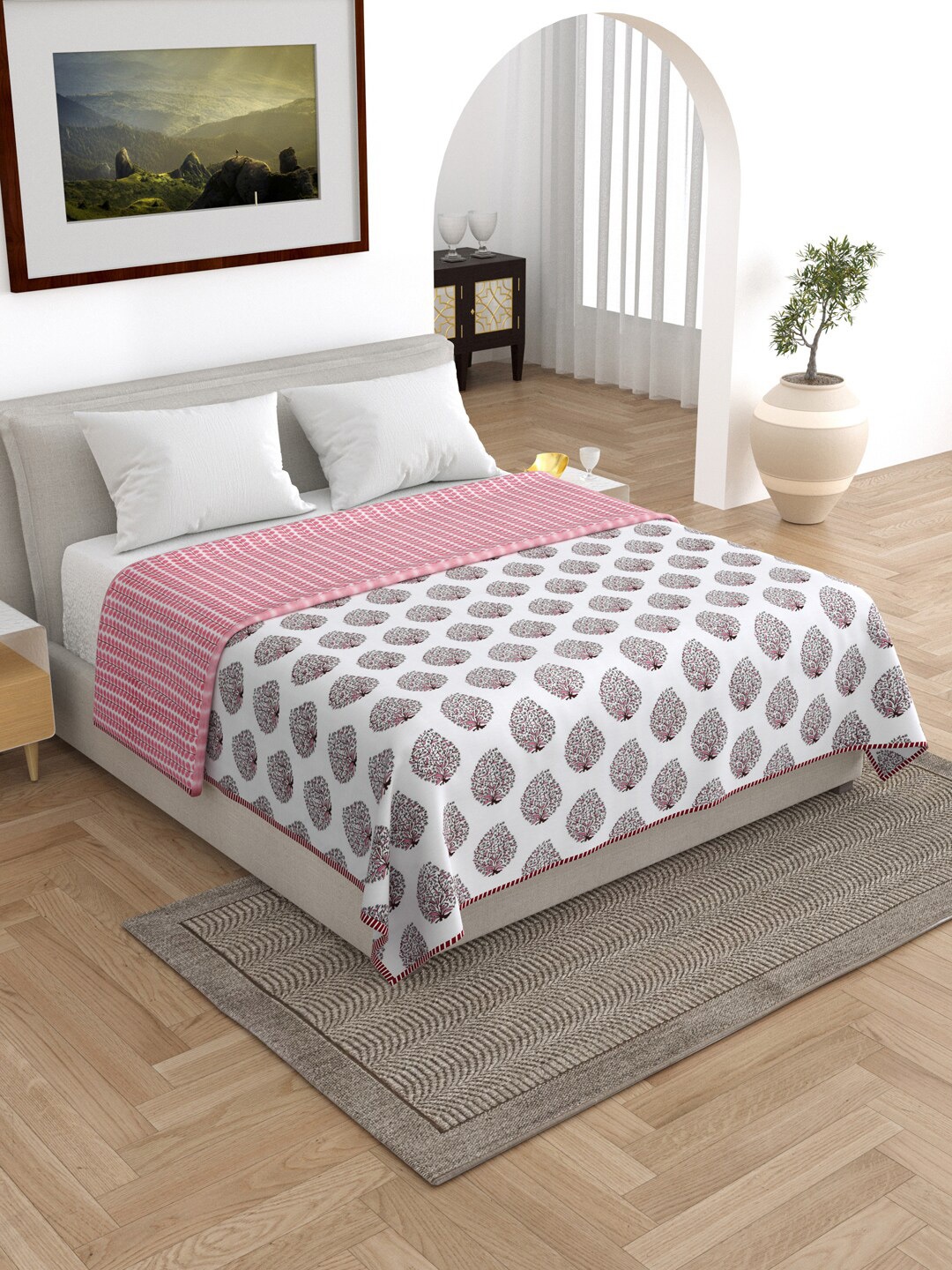 

RAASO Pink & White Ethnic Motifs Reversible AC Room 150 GSM Cotton Double Bed Dohar
