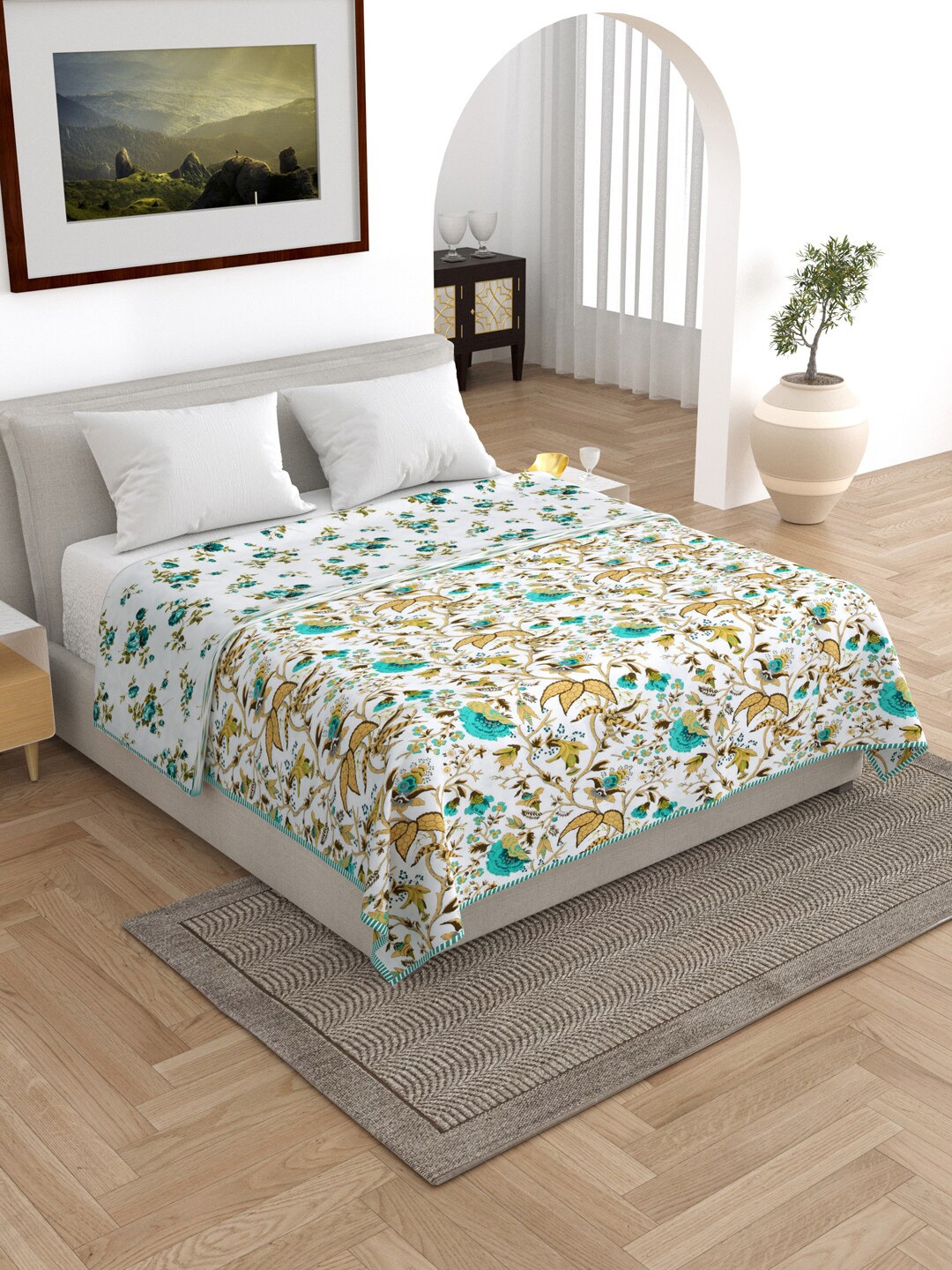 

RAASO White & Blue Floral Printed Reversible A C Room 150 GSM Double Bed Dohar