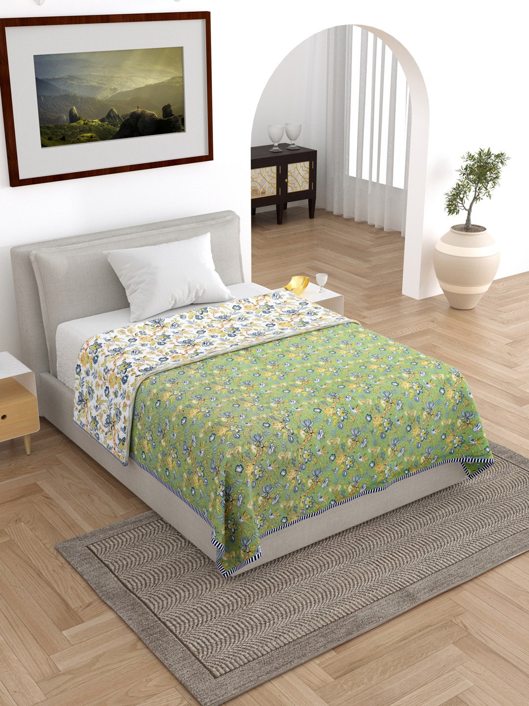 

RAASO Green & White Floral Reversible AC Room 150 GSM Cotton Single Bed Dohar