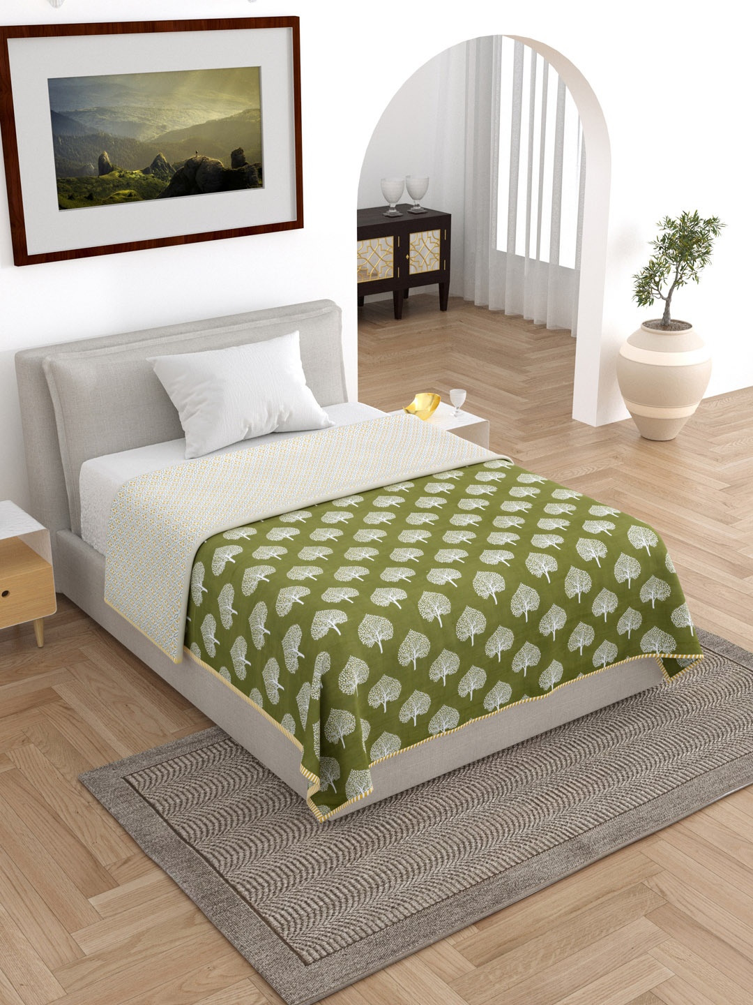 

RAASO Off White & Green Floral Printed Reversible AC Room 150 GSM Single Bed Dohar